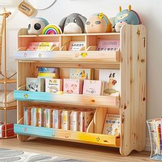 children's bookshelf with wooden shelves and toys