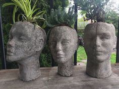 three cement heads with plants growing out of them