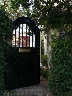 a black door is surrounded by greenery