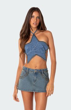 Starlet Studded Denim Crop Top Horse Shoot, Denim Crop Top, Studded Denim, Pacsun, Crop Top, Crop Tops, Sewing