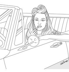 a drawing of a woman sitting in a car with her hand on the steering wheel