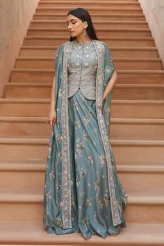 Shop for Sana Barreja Blue Imaya Chanderi Silk Cape And Sharara Set for Women Online at Aza Fashions Printed Sharara, Blue Magnolia, Magnolia Print, Silk Cape, Cape Pattern, Half Jacket, Cape Jacket, Designer Outfits, Open Sleeve