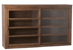 a wooden bookcase with glass doors on the front and bottom shelves in dark wood