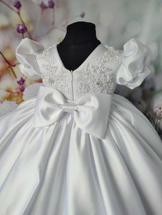 Elegant White Princess Dress With Fitted Bodice, Elegant Fitted Princess Dress For Baptism, White Satin Confirmation Dress, Elegant Princess Dress With Fitted Bodice For First Communion, Elegant White First Communion Dress, White Satin Ball Gown For Formal Occasions, Baptism Satin Dresses With Fitted Bodice, Elegant Baptism Princess Dress With Fitted Bodice, Elegant Princess Dress For Baptism With Fitted Bodice