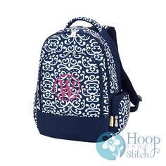 Hoop & Stitch personalizes pre-made items sourced from carefully selected production partners known for quality and style. This backpack is the perfect combination of fabulous and functional! The adjustable, comfort fit, shoulder, straps make this backpack super easy to carry. Find just the right place for all their school supplies in the 3 large compartments, multiple pockets, and even in the padded laptop sleeve.  Available in solid black, hot pink, mint, navy and purple. Please be sure to put Customizable Blue Backpack For Travel, Personalized Blue Backpack For Travel, Personalized Blue Travel Backpack, Disney Style Multicolor Backpack With Character Print, Blue Disney Backpack With Adjustable Strap, Disney Multicolor Backpack With Character Print, Monogrammed Duffle Bag, Multicolor Character Print Backpack, Navy Backpack