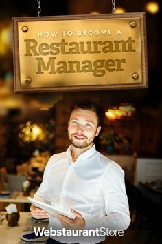 a man holding a plate in front of a sign that says how to become a restaurant manager