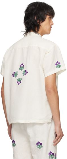 Handcrafted linen broadcloth shirt. Floral pattern embroidered throughout. · Open spread collar · Button closure Supplier color: White White Embroidered Shirt With Camp Collar, Traditional Embroidered Linen Shirt, Traditional Linen Shirt For Spring, Embroidered Linen Collared Shirt, White Shirt With Floral Embroidery And Spread Collar, Embroidered Linen Shirt With Camp Collar, White Embroidered Linen Shirt, Traditional White Linen Shirt, White Embroidered Shirt With Spread Collar