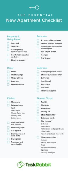 the essential new apartment checklist is shown in blue and white with green trimmings