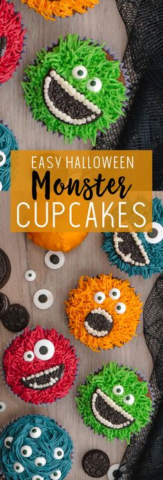 cupcakes decorated to look like monsters with the words easy halloween monster cupcakes