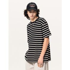 Summer Retro Oversized Striped T-Shirt Fabric: 100% Cotton Size: S, M, L, XL, 2XL Multiple Color Selections: Black  Season: Summer Oversized Black Summer Tops, Black Graphic Tee With Drop Shoulder, Oversized Black T-shirt Hip Hop Style, Black Drop Shoulder Graphic Tee, Oversized Short Sleeve Hip Hop Tops, Trendy Black Drop Shoulder T-shirt, Oversized Striped Tops For Streetwear, Casual Striped T-shirt For Streetwear, Oversized Striped T-shirt For Summer