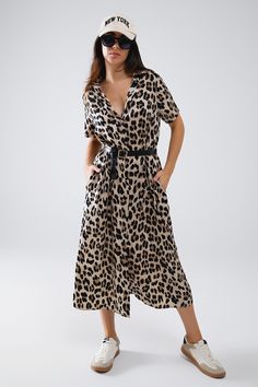 Q2 Short Sleeve Shirt Midi Dress With Belt In Leopard Print Elegant Shirt Dress, Shirt Midi Dress, Leopard Print Shorts, Dress With Belt, Wardrobe Design, Midi Shirt Dress, Romper Pants, Polo Collar, Medium Brown