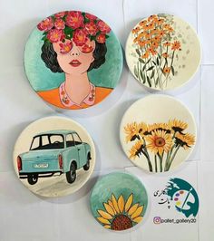 four plates with pictures of women and flowers on them, all painted in different colors