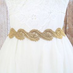 Gold Curved Pattern Metallic Lace with Champagne Satin Sash , Bridal Sash, Bridesmaid Sash, Flower G Gold Embroidered Sash For Party, Gold Embroidered Belt Sash For Parties, Elegant Gold Sashes With Embroidered Belt, Adjustable Bridesmaid Bridal Belt With Sashes, Elegant Gold Bridal Belt With Sashes, Adjustable Bridal Belt With Sashes For Bridesmaid, Elegant Gold Bridal Belt For Bridesmaids, Adjustable Gold Embroidered Belt, Gold Adjustable Embroidered Belt