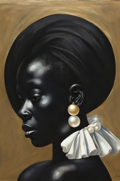 a painting of a woman with black hair and earrings