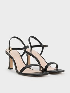 Black Square-Toe Heeled Sandals - CHARLES & KEITH US Crafts From Recycled Materials, Square Toe Heels, Pu Heels, Size Chart For Kids, Black Sandals Heels, Charles Keith, Black Square, Ankle Straps, Black Pumps