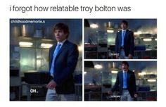 a man in a suit and tie standing next to a tv screen with the caption, i forgot how relatable troy botton was