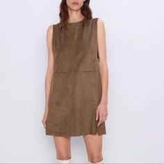 New, Never Worn Beautiful Brown Suede Dress From Zara Chic A-line Sleeveless Dress For Fall, Zara Chic A-line Sleeveless Dress, Spring Brown Shift Dress, Sleeveless Sundress Mini Dress For Fall, Chic Sleeveless Shift A-line Dress, Zara Sleeveless Workwear Dress, Zara Sleeveless Dress For Work, Casual Sleeveless Knee-length Dress By Zara, Casual Sleeveless Mini Dress For Fall