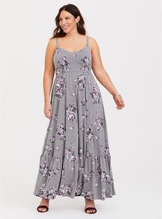 Grey Floral Jersey Tier Maxi Dress, ROSEY GARDEN Plus Size Outfits Casual, Plus Size Sundress, Plus Size Maxi Dress, Body Stretch, A Line Maxi Dress, Urban Clothing, Plus Size Maxi, Torrid Dresses, Chiffon Maxi Dress