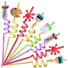 a bunch of different colored objects on a white background