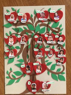 the family tree is made out of paper and has hearts attached to it with pictures on them