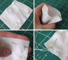 four pictures showing how to sew a pillow with the sewing needle and thread on it