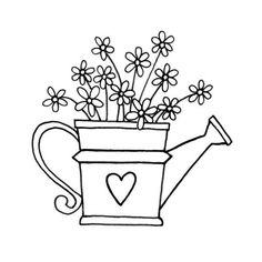 a watering can with flowers in it and a heart drawn on the side of it