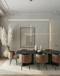 an elegant dining room with black table and chairs, white vases on the wall