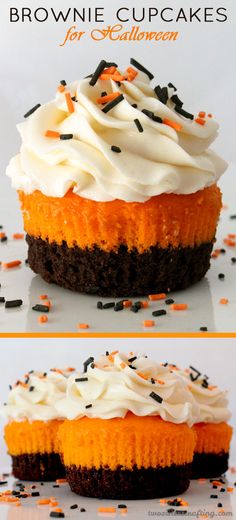 an orange cupcake with white frosting and sprinkles is shown in three different views