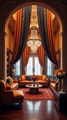 a living room filled with furniture and a chandelier hanging over it's windows