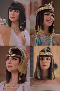 an egyptian woman wearing gold jewelry and headdress in four different angles, including the crown