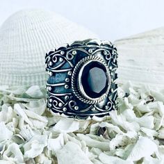 Title:  The Queenly Exquisitely handcrafted sterling silver ring enhanced with tiny filigree and granulations. This ring is set with a vibrant black onyx surrounded by a rope-patterned bezel setting.  Dare to dazzle with a piece of jewelry designed to beautify your hand. Inspiration: Inspired by the kings and queens of the late Middle Age. Throughout history, onyx has been thought to bring powers of protection and defensive magic. In classical ceremonial magic, the image of the head of the god M Handmade Sterling Silver Rings, Jewelry Men, Gold And Silver Rings, Nature Inspired Jewelry, Nature Jewelry, Handmade Sterling Silver, Jewelry Lover, Gemstone Ring, Artisan Jewelry