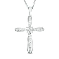 A gift of faith, this pretty diamond cross pendant is certain to be treasured. Crafted in 14K white gold, this rounded-edged design features a sparkling prong-set diamond square at its center and channel-set diamonds along each of the arms. Radiant with 1/4 ct. t.w. of diamonds and a bright polished shine, this cross suspends along an 18.0-inch cable chain that secures with a spring-ring clasp. Anniversary Diamond Pendant Cross Necklace, Diamond Pendant Cross Necklace For Anniversary, Diamond White Crucifix Cross Necklace For Anniversary, Diamond White Crucifix Necklace For Anniversary, Diamond Crucifix Jewelry For Anniversary, Diamond White Cross Necklace With Diamond Cut For Anniversary, Diamond White Cross Necklace For Anniversary, Diamond White Cross Pendant Necklace For Anniversary, Diamond Cut Cross Necklace In Diamond White For Anniversary