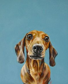 a painting of a dachshund dog on a blue background, looking at the camera