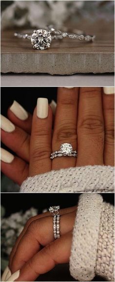 three different views of an engagement ring with diamonds on top and bottom, in the middle