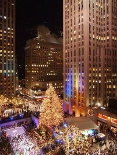 a large christmas tree in the middle of a city