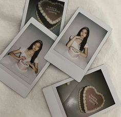 four polaroid photos of a woman holding a heart