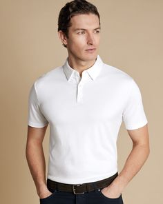 Smart Jersey Polo - White | Men's Charles Tyrwhitt Smart Jersey Polo Shirt - White Size Large Cotton White Collared Polo Shirt For Business Casual, White Fitted Formal Polo Shirt, Formal Fitted White Polo Shirt, Classic White Polo Shirt For Business Casual, Elegant White Polo Shirt For Formal Occasions, Elegant White Formal Polo Shirt, Charles Tyrwhitt Shirt, Plain Polo Shirts, Smart Shorts