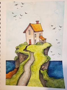 a drawing of a house on top of a cliff with a road going up to it