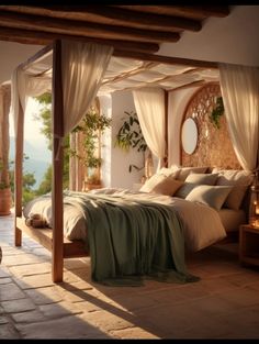 a large bed sitting under a canopy in a bedroom next to a stone flooring