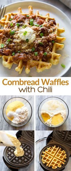 cornbread waffles with chilli and eggs on top are shown in this collage