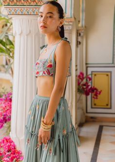 Bralette - a relaxed fit , handwoven silk bralette, hand embroidered in silk yarn with kashida and sozni, zardosi cutwork, tie up silk straps. Skirt - high - waisted, ankle length, tiered handwoven silk georgette skirt embroidered with little beaded pineapples and sparkly flowers. Sparkly Flowers, Green Resort, Silk Bralette, Georgette Skirt, Silk Yarn, Silk Slip, Co Ord Set, Green Silk, Cut Work