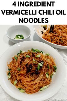 4 Ingredient Easy Vermicelli Chili Oil Noodles | Easy Dinner Or Meal Prep Idea! Chilli Oil Noodles, Lunch Ideas For Guests, Chili Oil Noodles, Oil Noodles, 4 Ingredient Recipes, Chilli Oil, Homemade Lunch, More Veggies, Noodle Dish