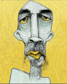 a drawing of a man's face with yellow background