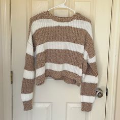 Windsor Tan And White Striped Cropped Sweater Knit, Size L Nwot, Never Worn Has 2 Hanger Strings Inside Super Soft Material 100% Polyester Hand Wash Striped Cropped Sweater, Sweater Knit, Cropped Sweater, Soft Material, Windsor, White Stripe, Knitted Sweaters, Sweaters For Women, Hand Wash