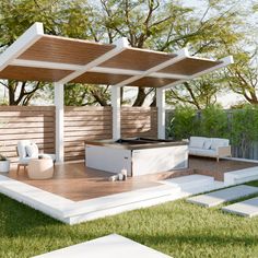 an outdoor kitchen and living area is shown in this backyard setting with grass, trees, and white furniture