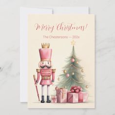 a merry christmas card with a nutcracker and presents in front of a tree