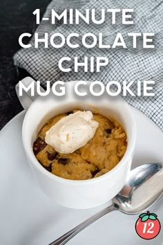 a white plate topped with a bowl of chocolate chip mug cake