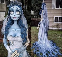 two pictures of corpse brides in blue and white dresses, one with her hands on her hips