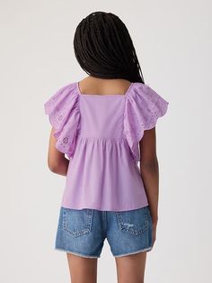 Kids Flutter Eyelet Shirt | Gap Casual Gap Tops With Flutter Sleeves, Trendy Gap Tops For Spring, Gap Casual Tops With Flutter Sleeves, Summer Ruffled Tops By Gap, Gap Ruffled Tops For Summer, Summer Ruffled Tops From Gap, Cotton Butterfly Sleeve Top For Summer, Summer Cotton Tops With Butterfly Sleeves, Summer Cotton Top With Butterfly Sleeves