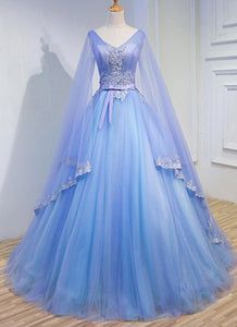 Royal Blue V-neck Evening Dress For Wedding, Blue V-neck Gown For Wedding, Light Blue V-neck Dress For Banquet, Light Blue V-neck Gown For Prom, Blue V-neck Wedding Dress, Applique Prom Dress, डिजाइनर कपड़े, 파티 드레스, Prom Dresses For Teens